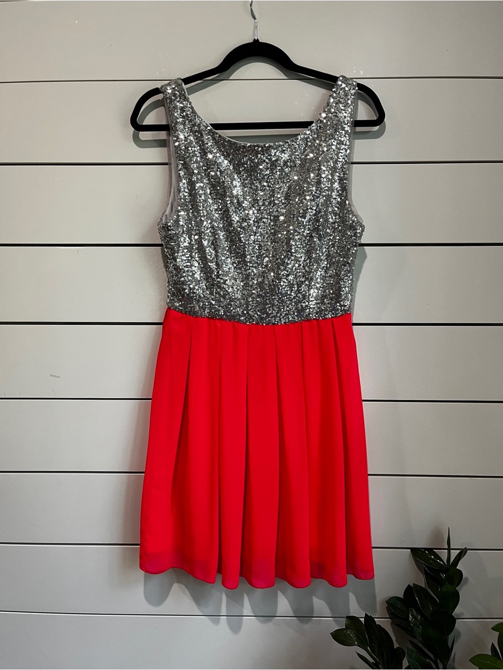 B Darlin Silver Sequin Bodice Red Pleated Skirt Party Dress